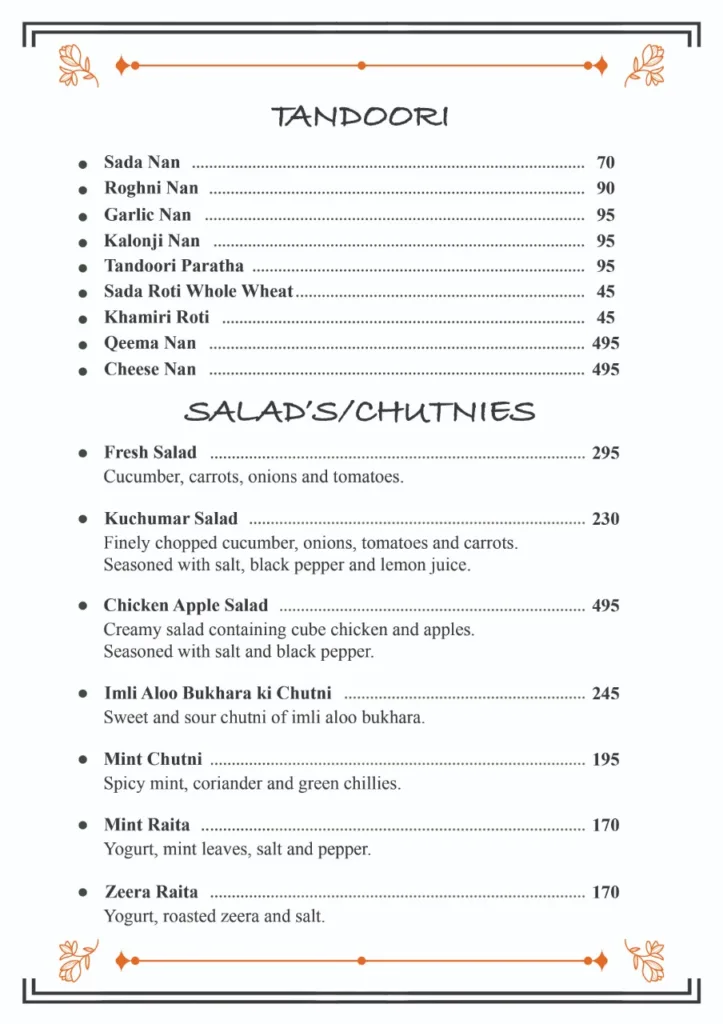 tandoori and salads menu