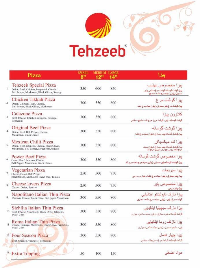 tehzeeb pizza menu