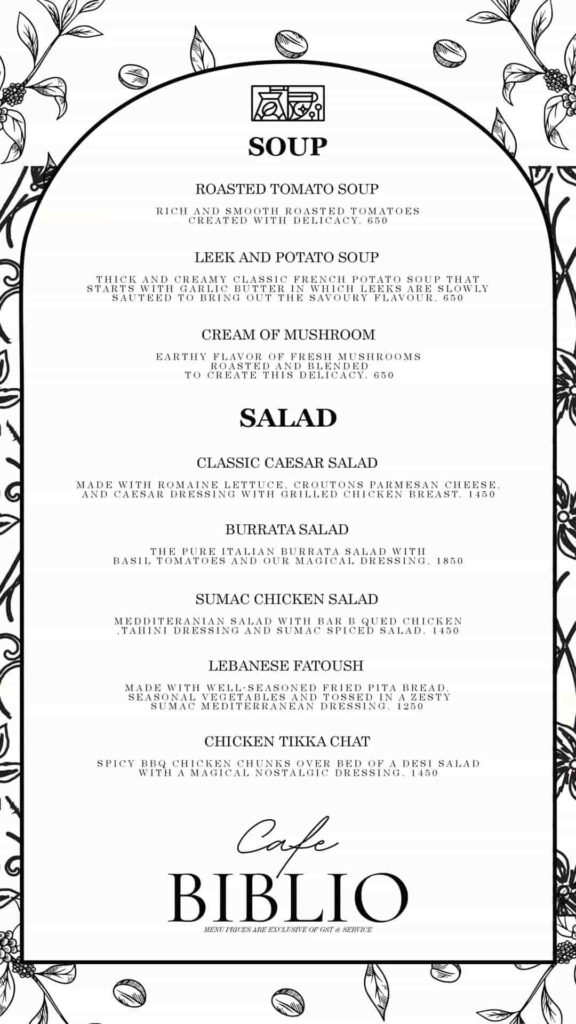 cafe biblio menu with prices