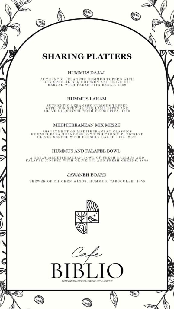 cafe biblio menu card with prices