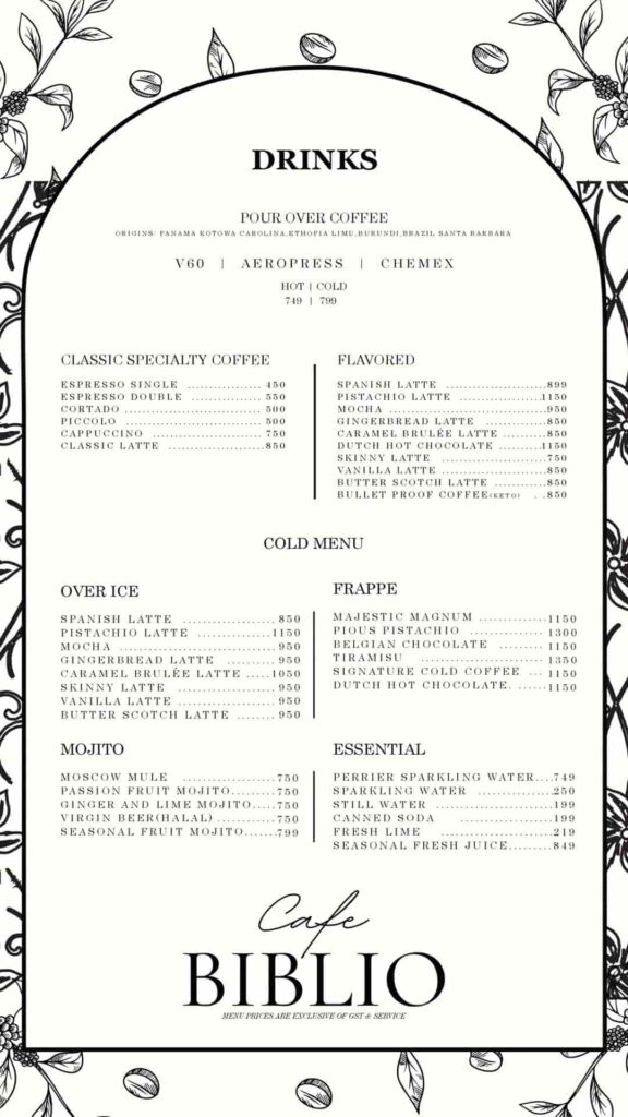 cafe biblio menu card