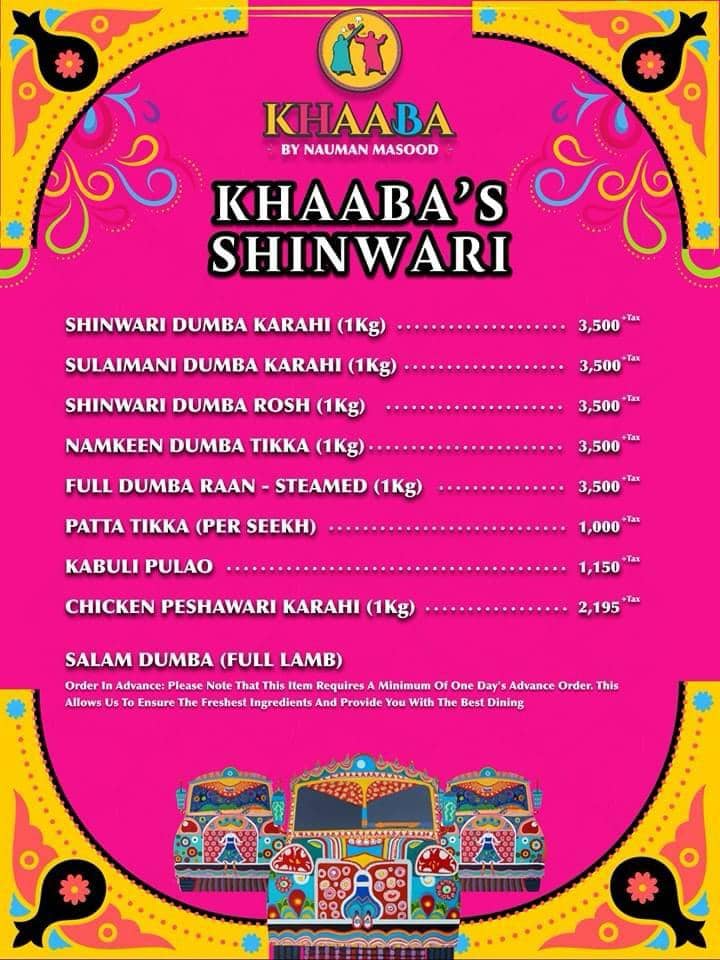 khaaba shinwari menu