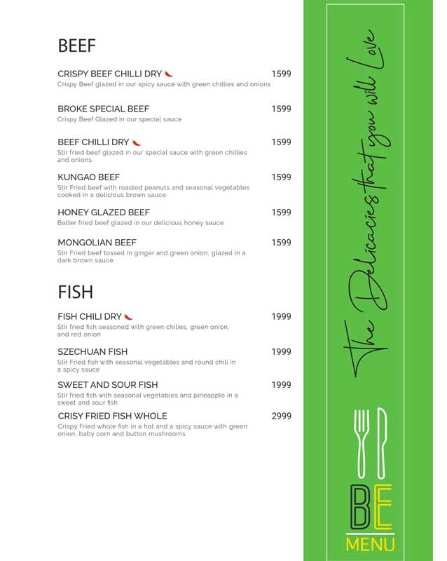 beef and fish menu